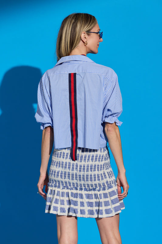 Blue and White Stripe Puff Sleeve