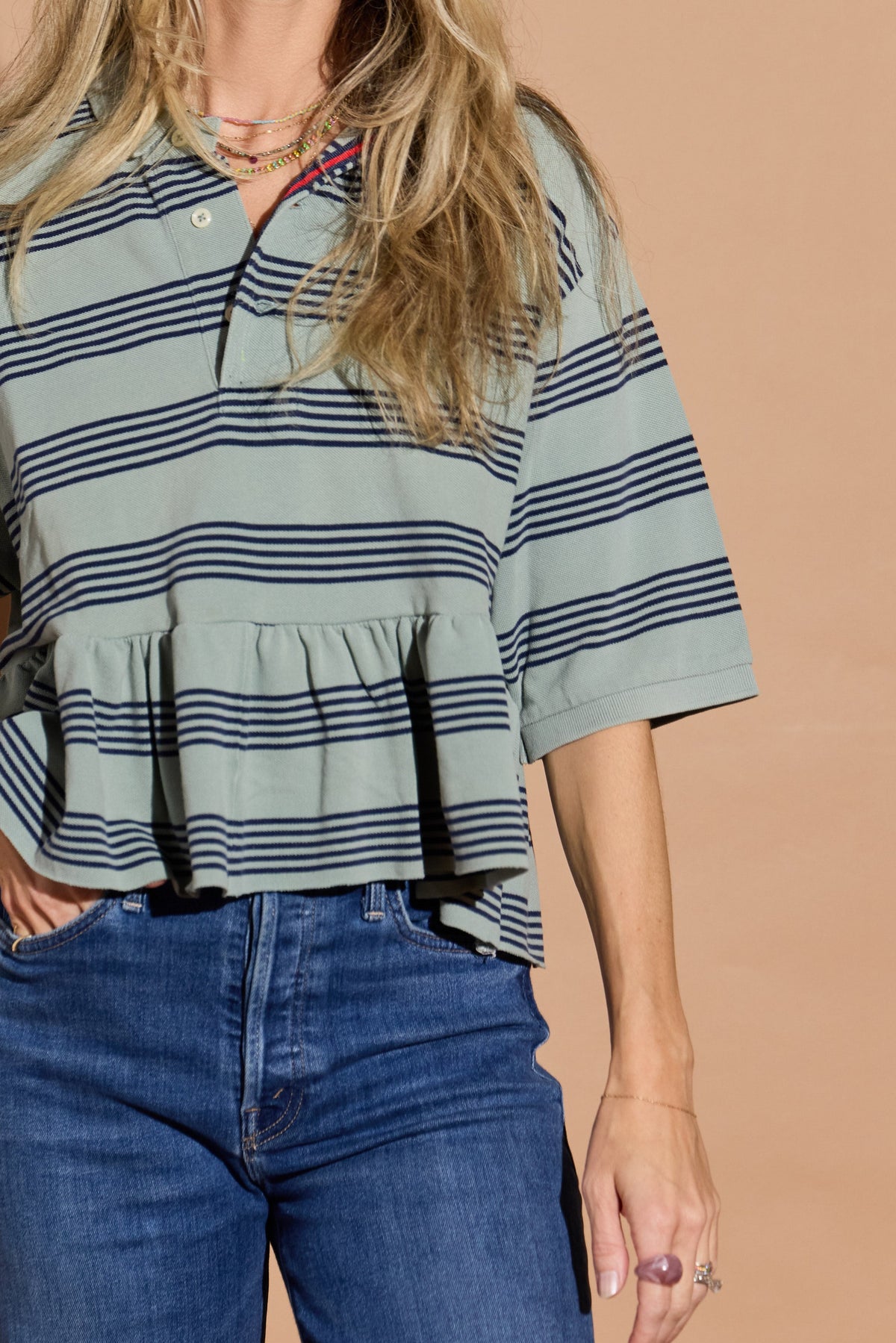 Sage and Navy Stripe Bunny Polo